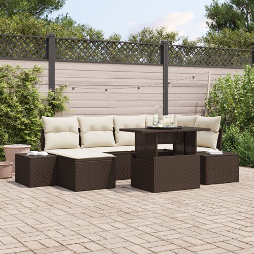 vidaXL Vrtni sofa set Set od 7 Smeđa Ratan, Poliester Vrtni sofa set