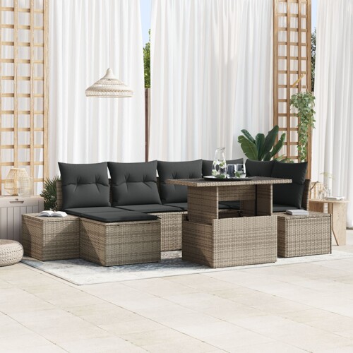 vidaXL Vrtni set sofa Set od 7 Bež Ratan, Poliester Vanjski set za sofu