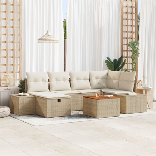 vidaXL Set vrtnih sofa Set od 7 Bež Ratan, Poliester Vrtni namještaj