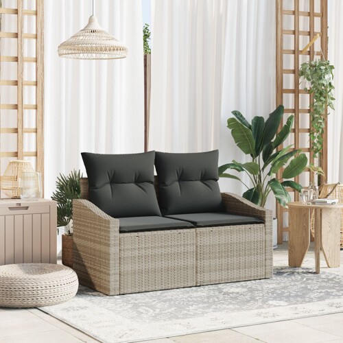 vidaXL Dvosedna vrtna sofa s spremnikom i jastučićima sivi poli ratan